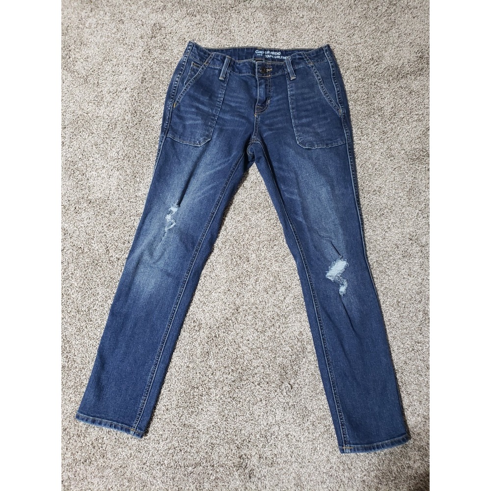 GAP Girlfriend Coupe Jeans 2/26R Tapered Ankle Stretch Dark Denim Distressed